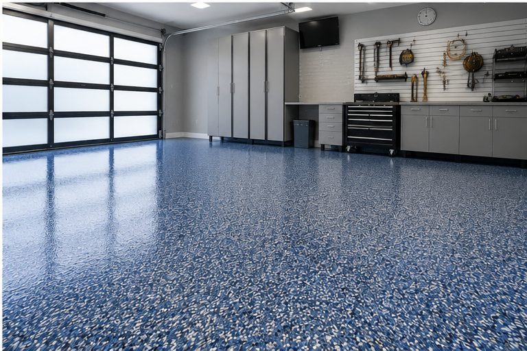 Blue flake epoxy garage floor finish