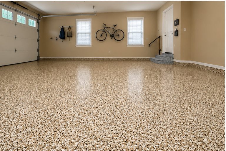 Tan flake epoxy garage floor finish